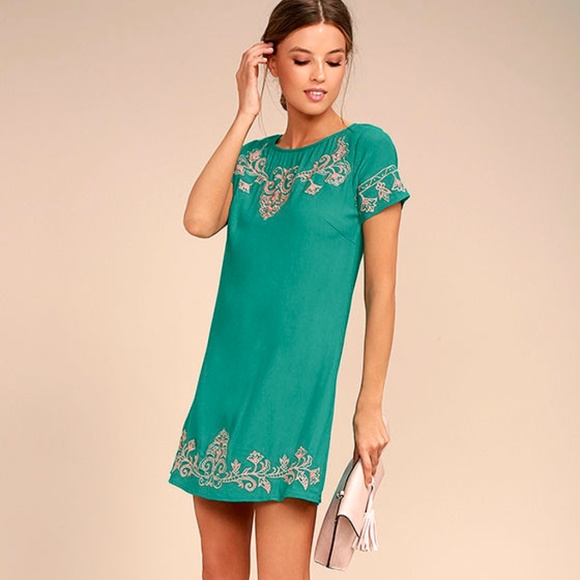 Lulus Dresses & Skirts - Lulus Short Sleeve Embroidered Teal Green Shift